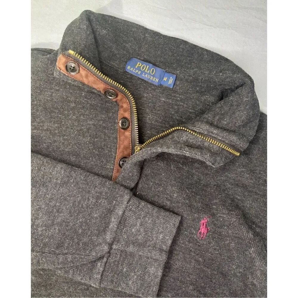 Polo Ralph Lauren 1/4 Zip Button Pullover Henley Sweater Gray Maroon Pony M